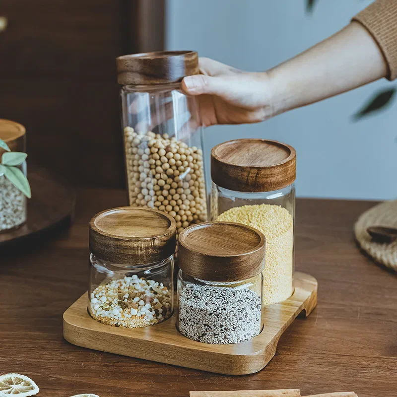 Food Storage Jars Airtight - Wood Lid Orgnizer Glass Airtight Canister