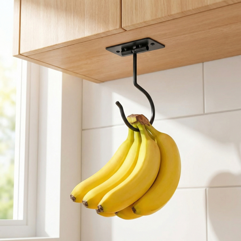 Food Storage And Organizer - Black Metal Self-Adhesive Banana Hook Foldable
